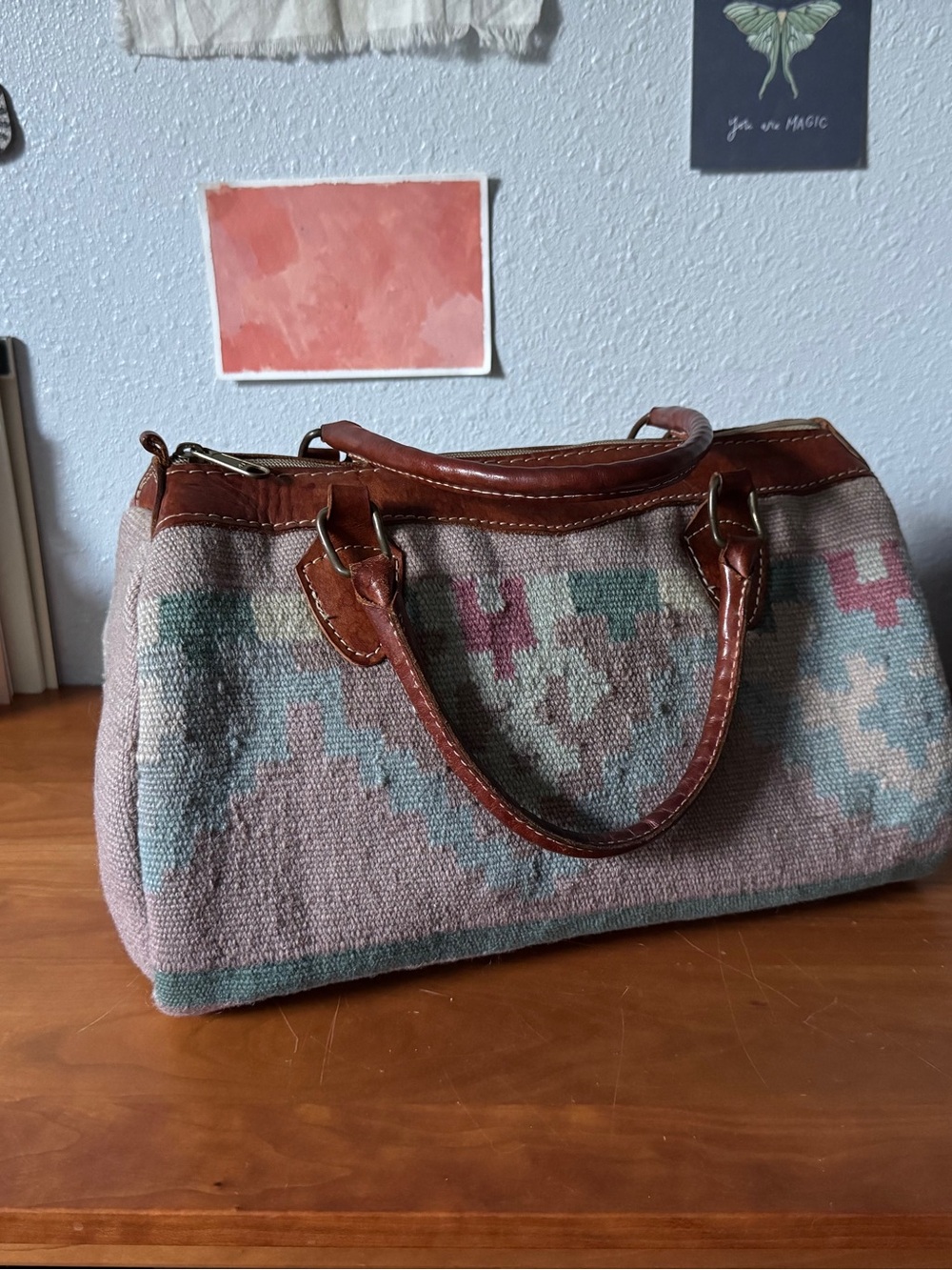 Vintage Aztec Woven + Leather Bag Handmade GUC small/med sized Geometric